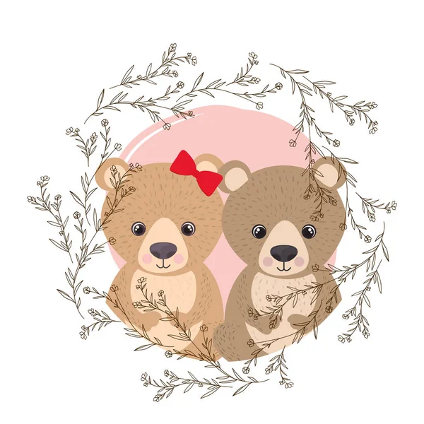 Милая пара медведей с венком — стоковый вектор