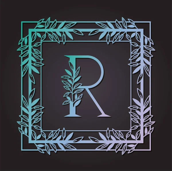 Lettera R in cornice quadrata con foglie — Vettoriale Stock