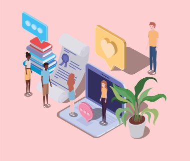 dizüstü bilgisayar ve küçük insanlarla online eğitim