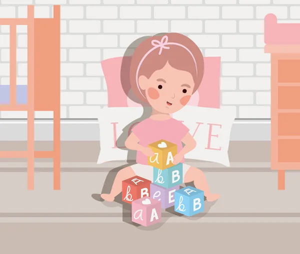 Petite fille bébé jouant avec des blocs d'alphabet — Image vectorielle