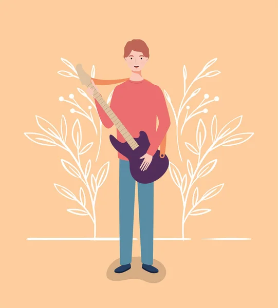 Mujer tocando guitarra eléctrica instrumento carácter — Vector de stock