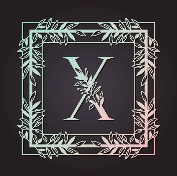 Буква X в квадратной рамке с листочками — стоковый вектор