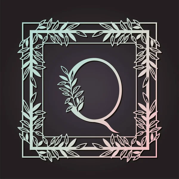 Lettera Q in cornice quadrata con foglie — Vettoriale Stock