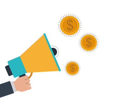 beyaz arka planda megafon ve sikke ler ile el