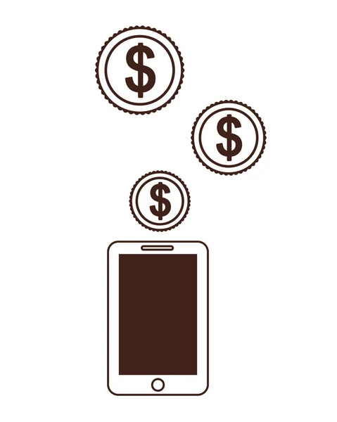 Smartphone z pieniędzmi wokół w białym tle — Wektor stockowy