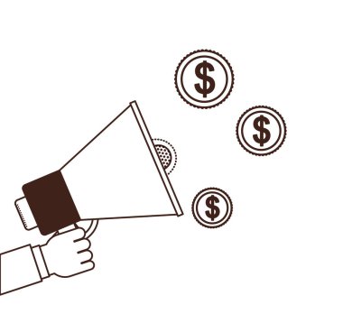 beyaz arka planda megafon ve sikke ler ile el