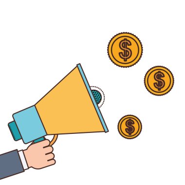 beyaz arka planda megafon ve sikke ler ile el