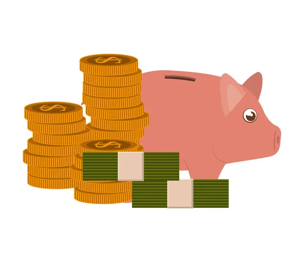 Geld sparen und Schwein auf weißem Hintergrund — Stockvektor