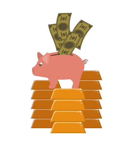 Poupança de dinheiro e porco em fundo branco — Vetor de Stock