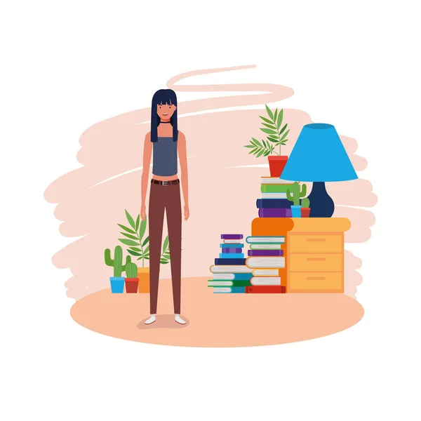 Žena stojící v obývacím pokoji s knihami — Stockový vektor
