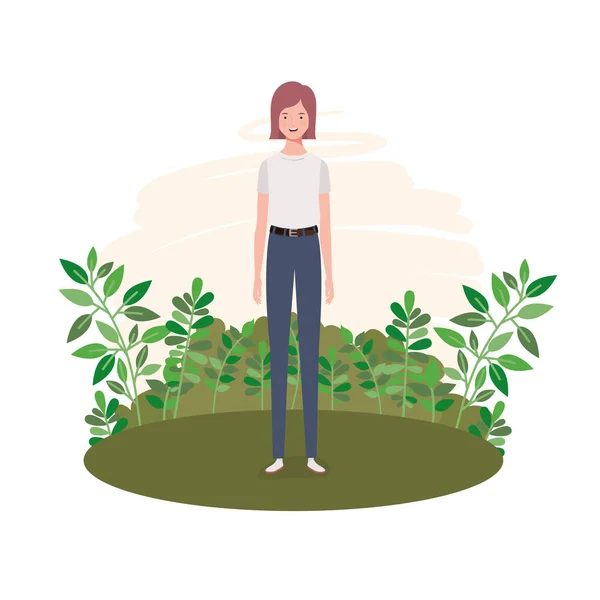 Mujer joven de pie con fondo de paisaje — Vector de stock