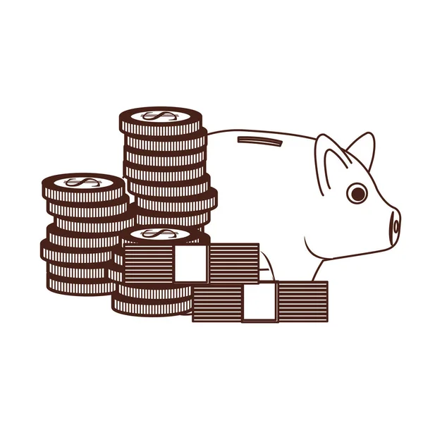 Silhouette of money savings and pig on white background — Stock Vector