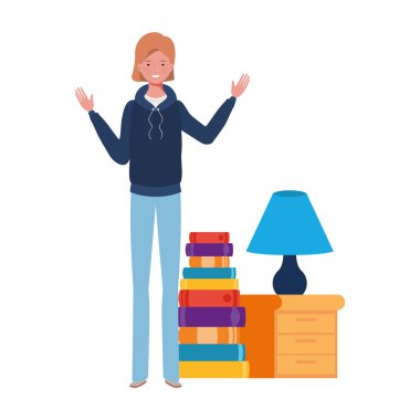 ahşap ve kitaplık kitaplık ile ayakta kadın