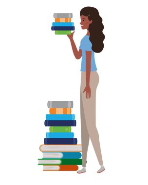 beyaz arka plan üzerinde kitap yığını ile ayakta kadın