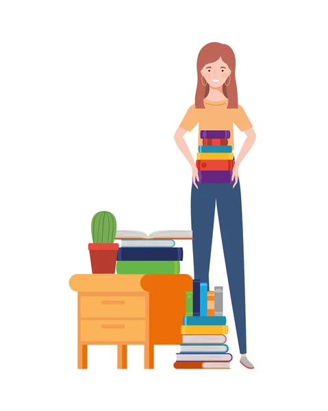 Woman standing with bookshelf of wooden and books — Stock Vector