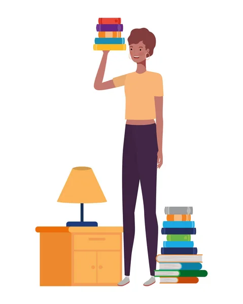 Woman standing with bookshelf of wooden and books — Stock Vector