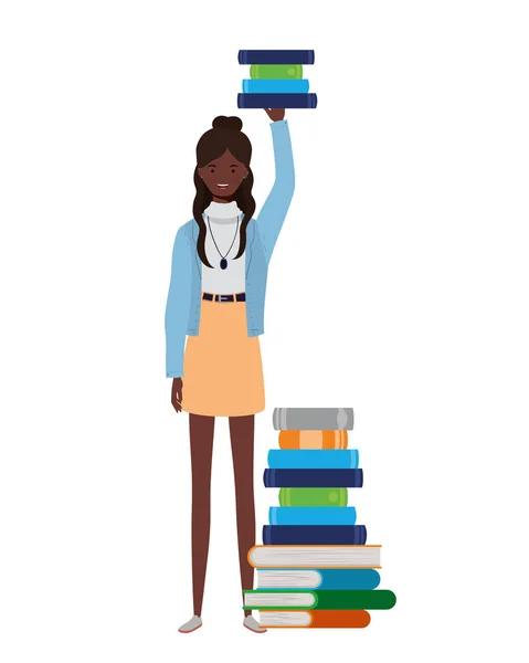 Donna in piedi con pila di libri su sfondo bianco — Vettoriale Stock