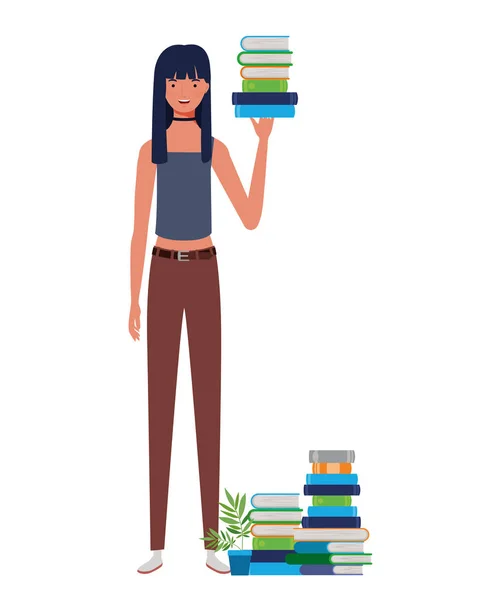 Donna in piedi con pila di libri su sfondo bianco — Vettoriale Stock