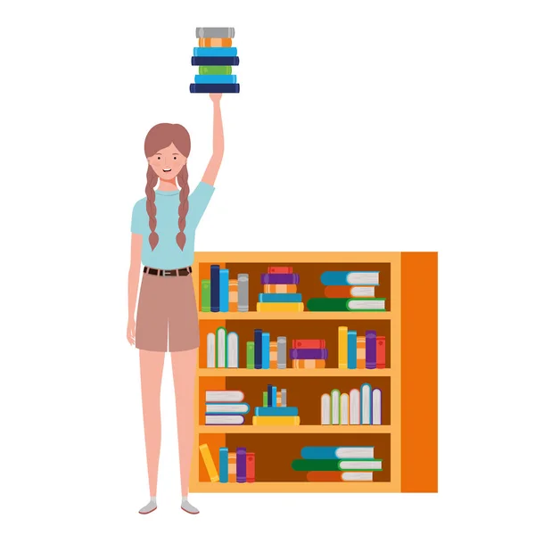 Kobieta stoi z półki z drewna i książek — Wektor stockowy
