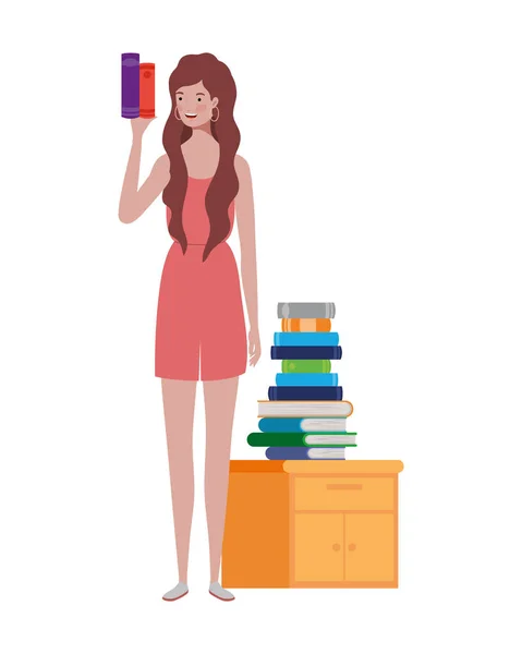 Woman standing with bookshelf of wooden and books — Stock Vector