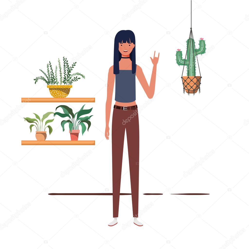 woman with houseplant and macrame hangers