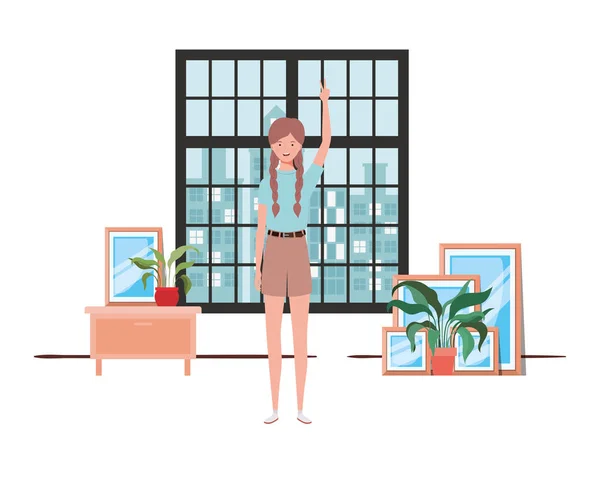 Kvinna vardagsrum med utsikt staden by fönster — Stock vektor