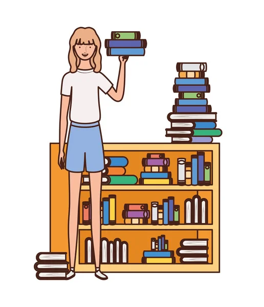 Woman standing with bookshelf of wooden and books — Stock Vector