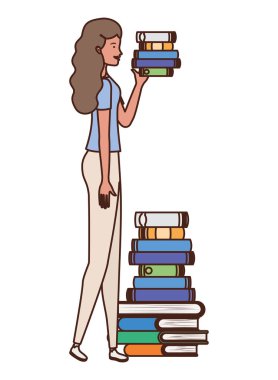 beyaz arka plan üzerinde kitap yığını ile ayakta kadın