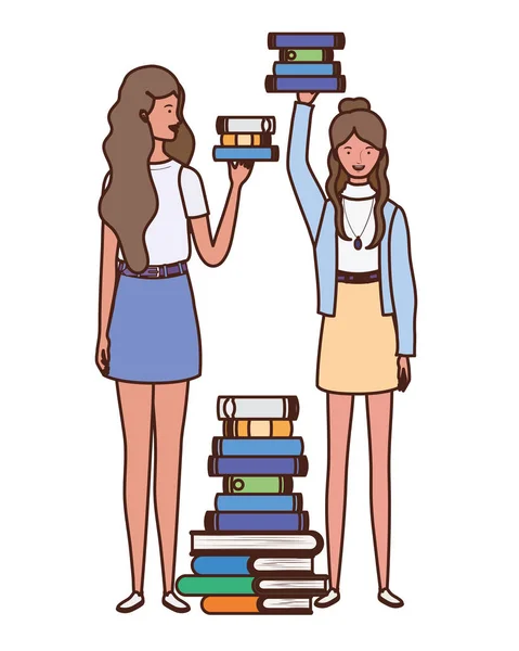 Mulheres de pé com pilha de livros sobre fundo branco — Vetor de Stock