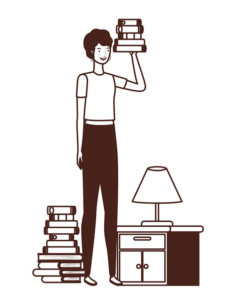 Silhouette of woman with bookshelf of wooden and books — Stock Vector