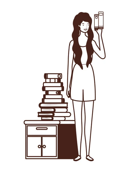 Silhouette of woman with bookshelf of wooden and books — Stock Vector