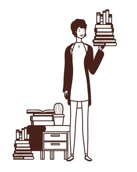 Silhouette of woman with bookshelf of wooden and books — Stock Vector