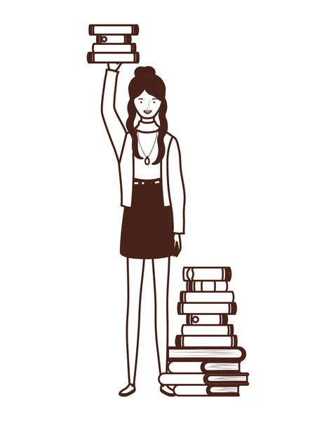 Силует жінки зі стопкою книг на білому тлі — стоковий вектор