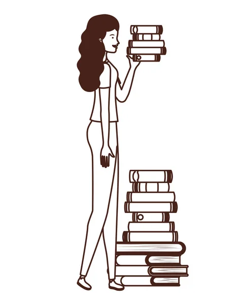 Silueta de mujer con pila de libros sobre fondo blanco — Vector de stock