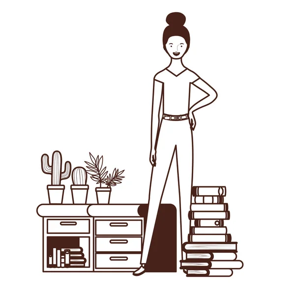 Silhouette of woman with bookshelf of wooden and books — Stock Vector