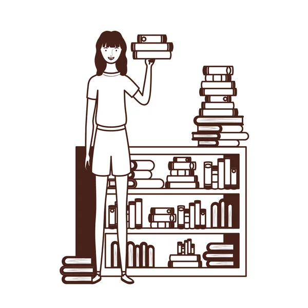 Silhouette of woman with bookshelf of wooden and books — Stock Vector
