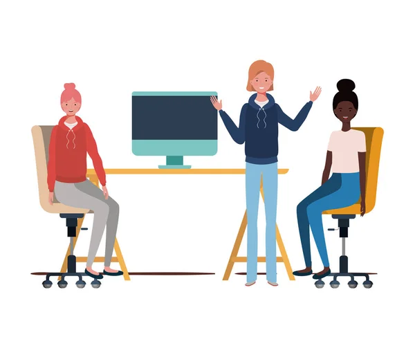 Kvinnor som sitter på arbets kontoret med vit bakgrund — Stock vektor