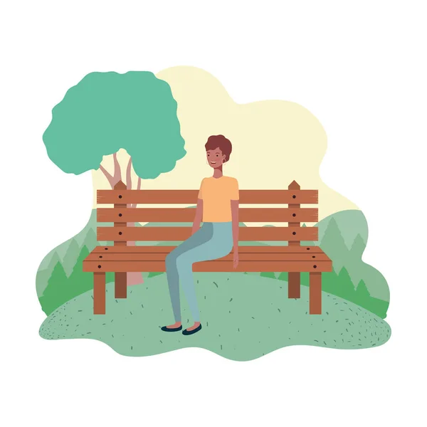 Mulher sentada na cadeira do parque com paisagem de fundo — Vetor de Stock