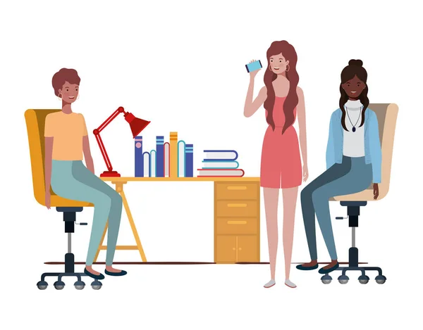 Women sitting in the work office with white background — Stock Vector
