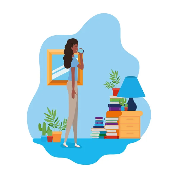 Mujer de pie con estante de madera y libros — Vector de stock