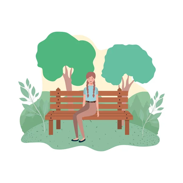 Mulher sentada na cadeira do parque com paisagem de fundo —  Vetores de Stock