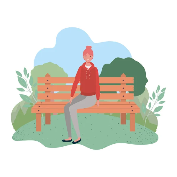 Mulher sentada na cadeira do parque com paisagem de fundo — Vetor de Stock