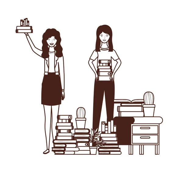 Silhueta de mulheres com estante de madeira e livros — Vetor de Stock
