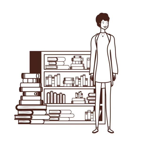 Frauensilhouette mit Bücherregal aus Holz und Büchern — Stockvektor