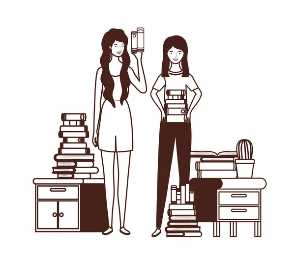 Silhouette di donna con libreria di legno e libri — Vettoriale Stock