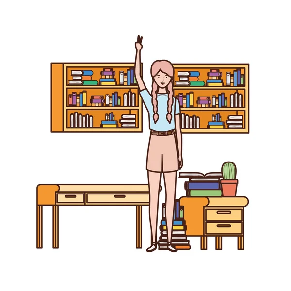 Mulher de pé com estante de madeira e livros — Vetor de Stock