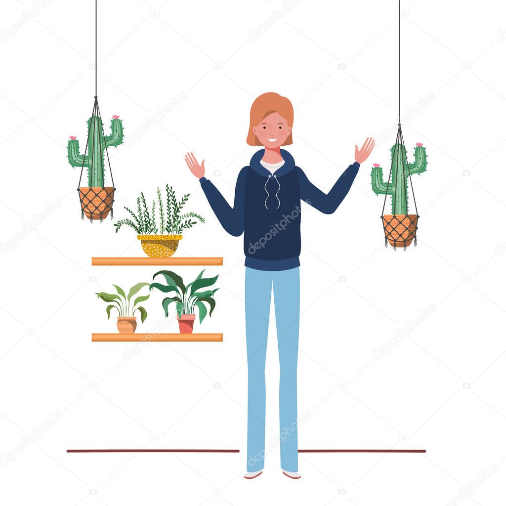 woman with houseplant and macrame hangers