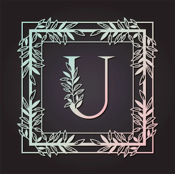 Буква U в квадратной рамке с листочками — стоковый вектор