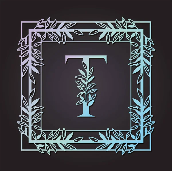 Letra T en marco cuadrado con hojas — Vector de stock