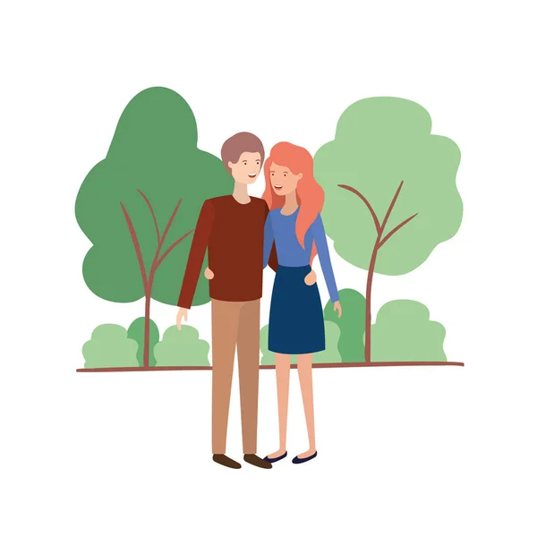 Jeune couple avec personnage avatar paysage — Image vectorielle